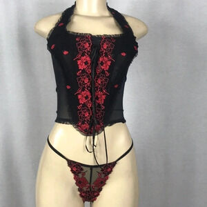 Leg Avenue Size Small 1990’s V Crop 2pc Lace Corset Cami Top w/G-String New